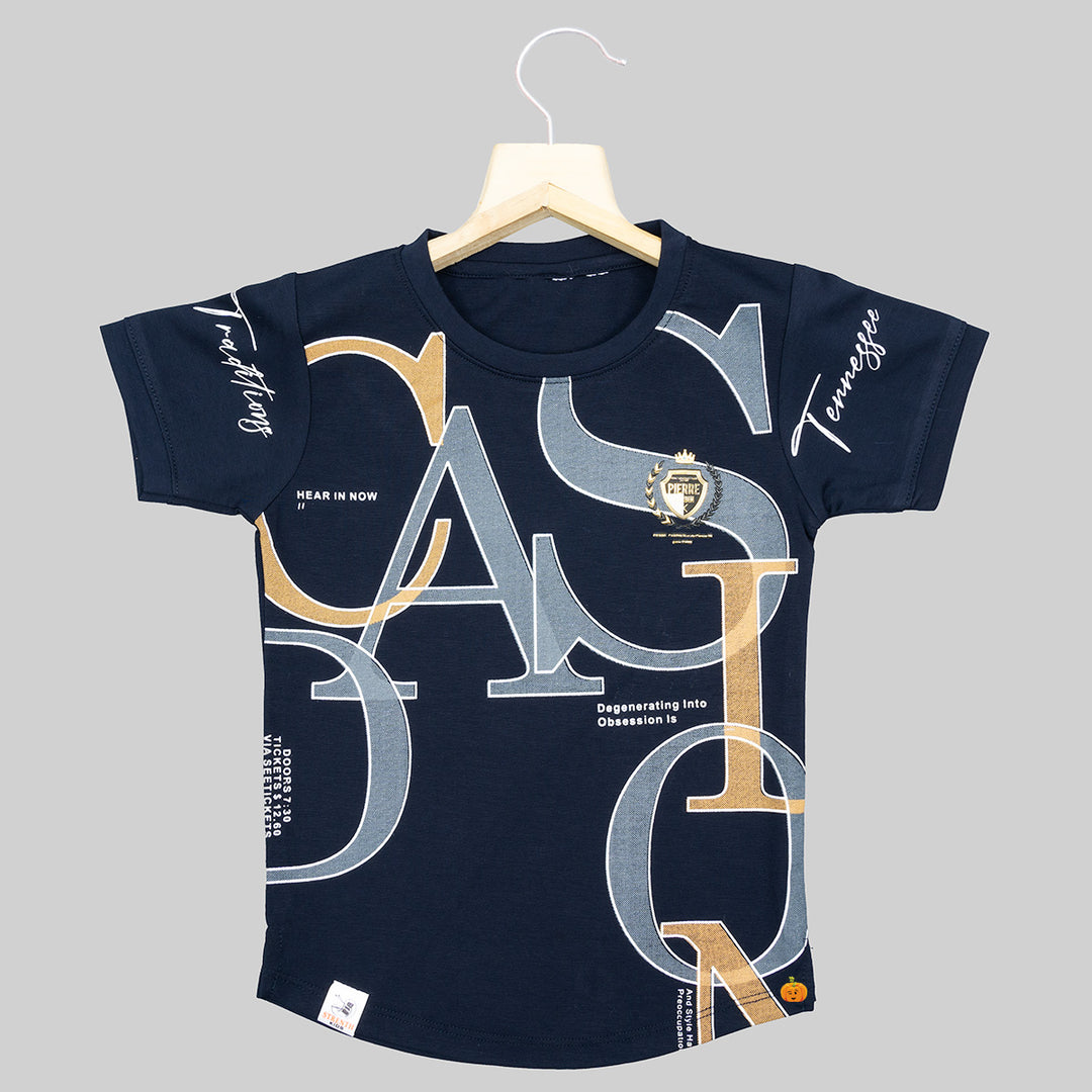 Black & Navy Blue Typography Boys T-shirt Front View