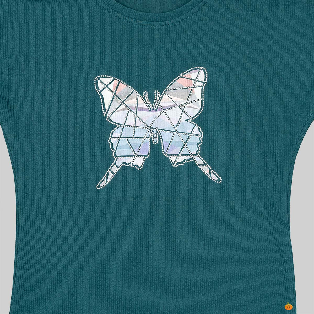 Green Short Bell Sleeves Girls Top Close Up 