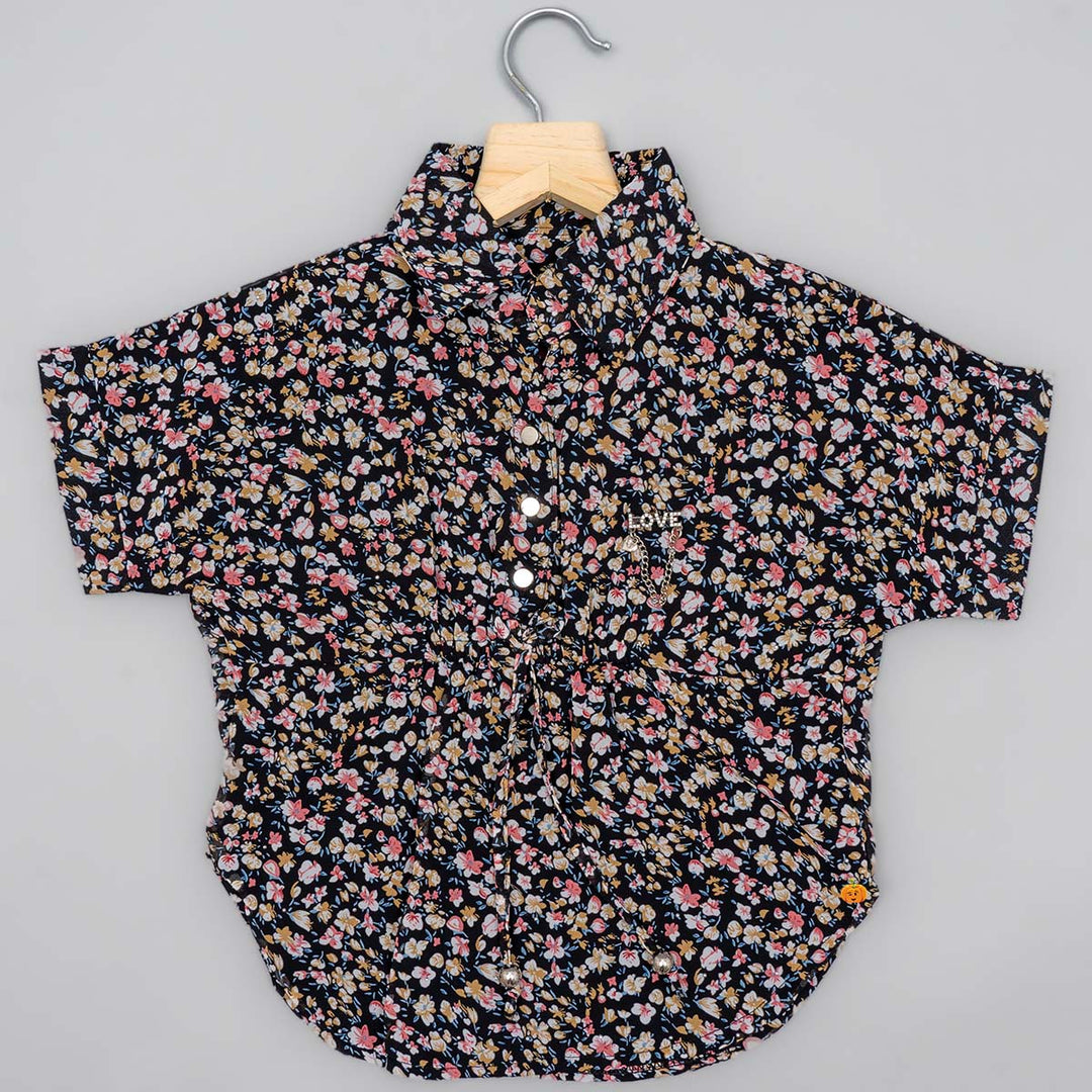 Black Floral Printed Girls Top Front View