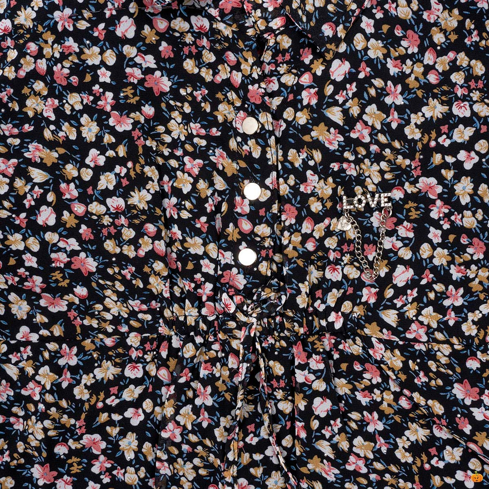 Black Floral Printed Girls Top Close Up View