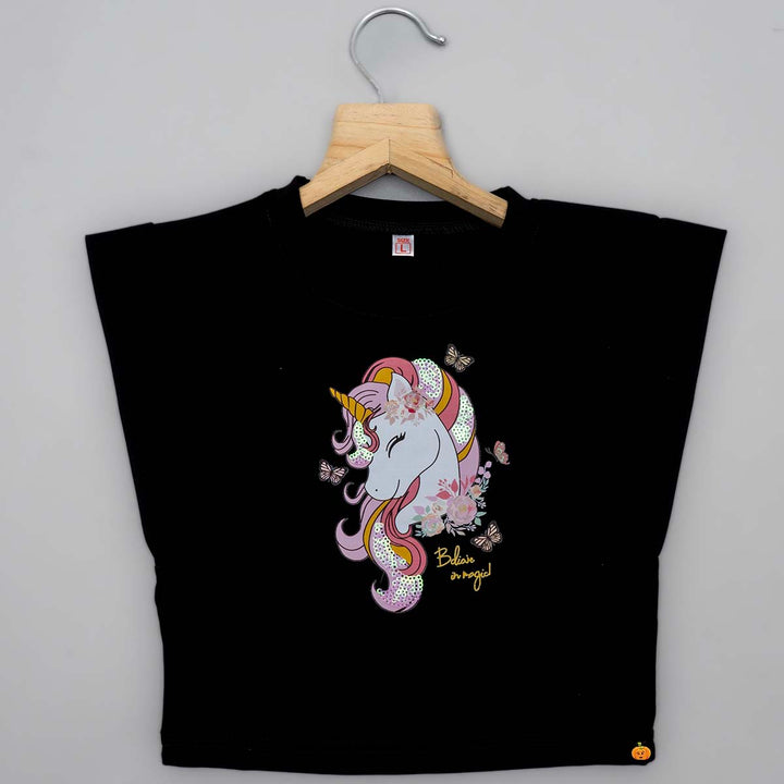 Black Unicorn Print Girls Top Front View