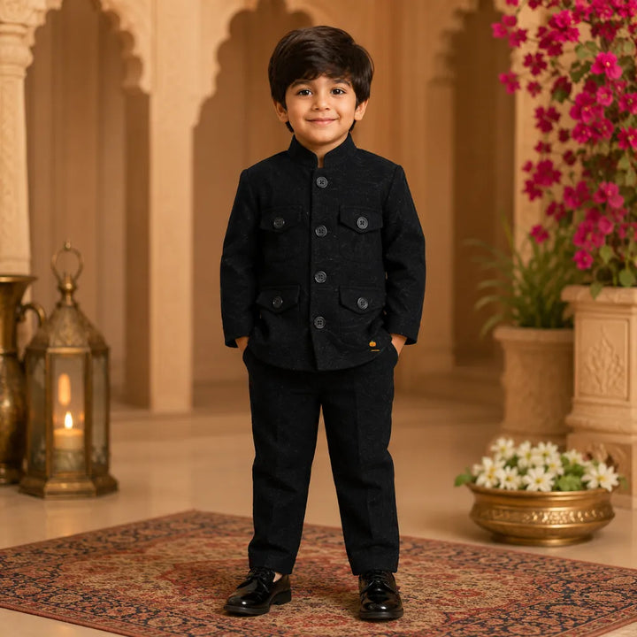 Black Jodhpuri Suit For Boys with 4 Packets on Blazer