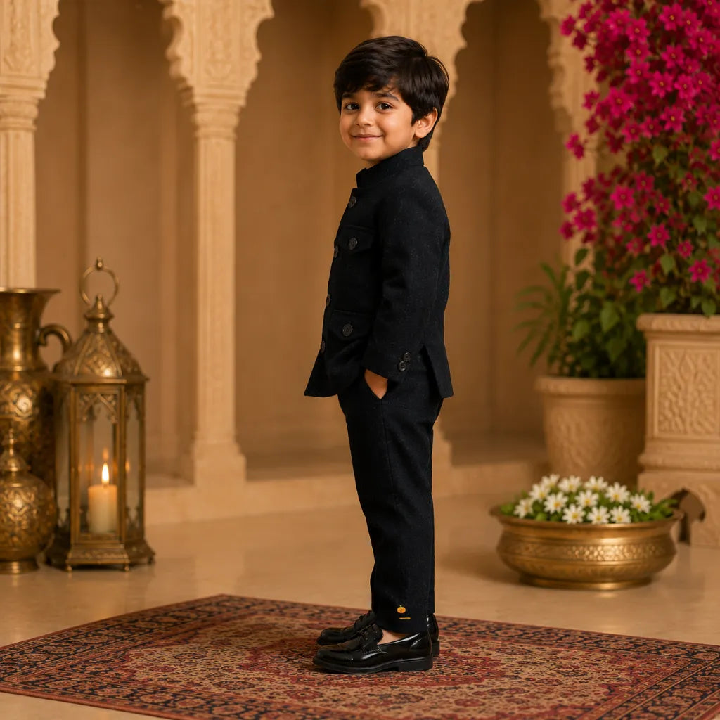 Black Jodhpuri Suit For Boys with 4 Packets on Blazer