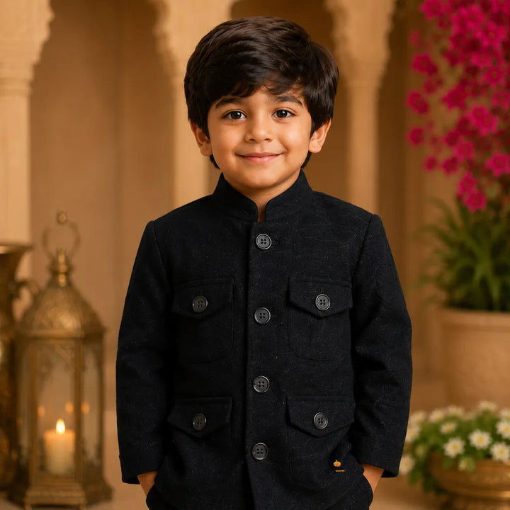 Black Jodhpuri Suit For Boys with 4 Packets on Blazer