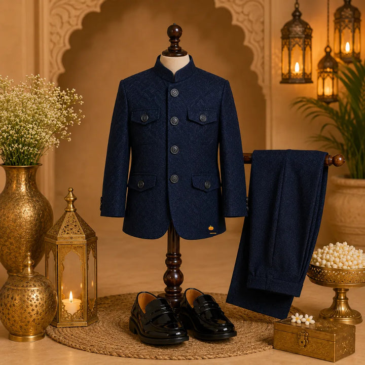 Black Jodhpuri Suit For Boys with 4 Packets on Blazer