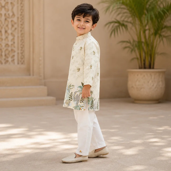 Boys Premium Ethnic Kurta Pajama Set with Palm Leaf Print