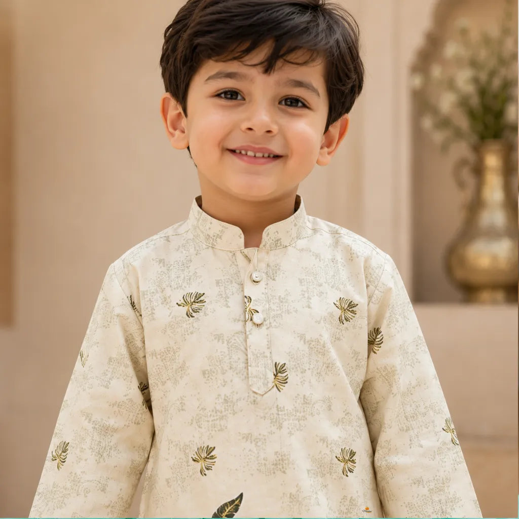 Boys Premium Ethnic Kurta Pajama Set with Palm Leaf Print