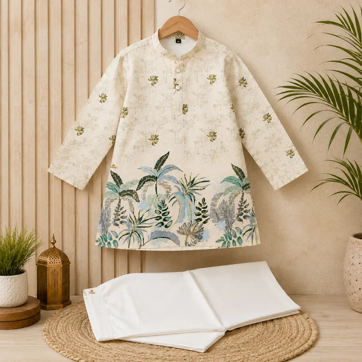 Boys Premium Ethnic Kurta Pajama Set with Palm Leaf Print