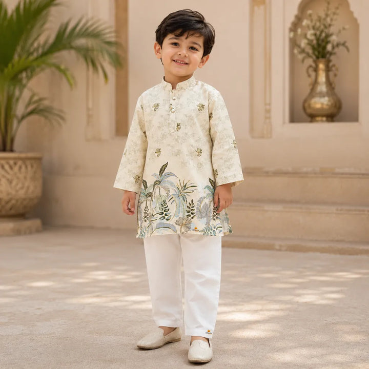 Boys Premium Ethnic Kurta Pajama Set with Palm Leaf Print