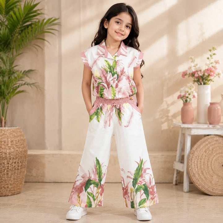 Girls Tropical Print Shirt & Palazzo Co-Ord Set