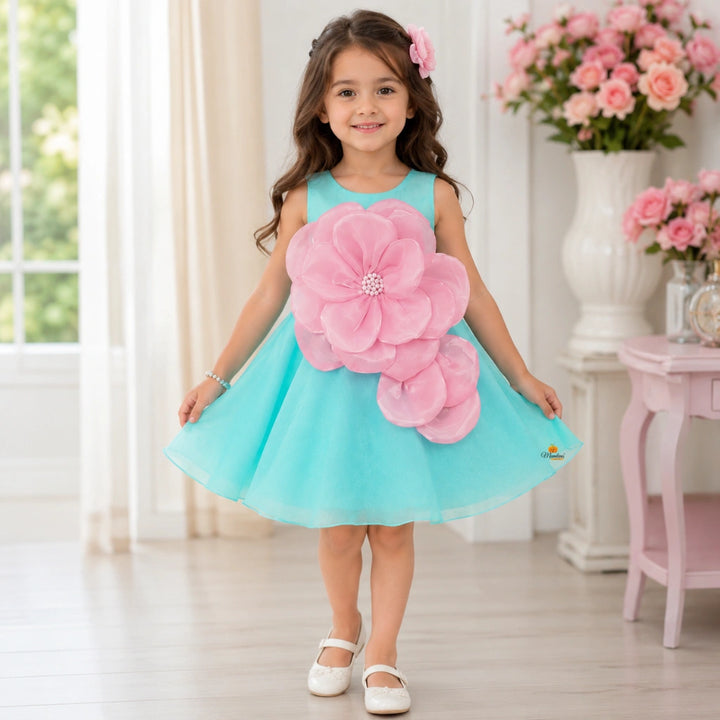 Turquoise Girls Frock with Big Pink Flower Design