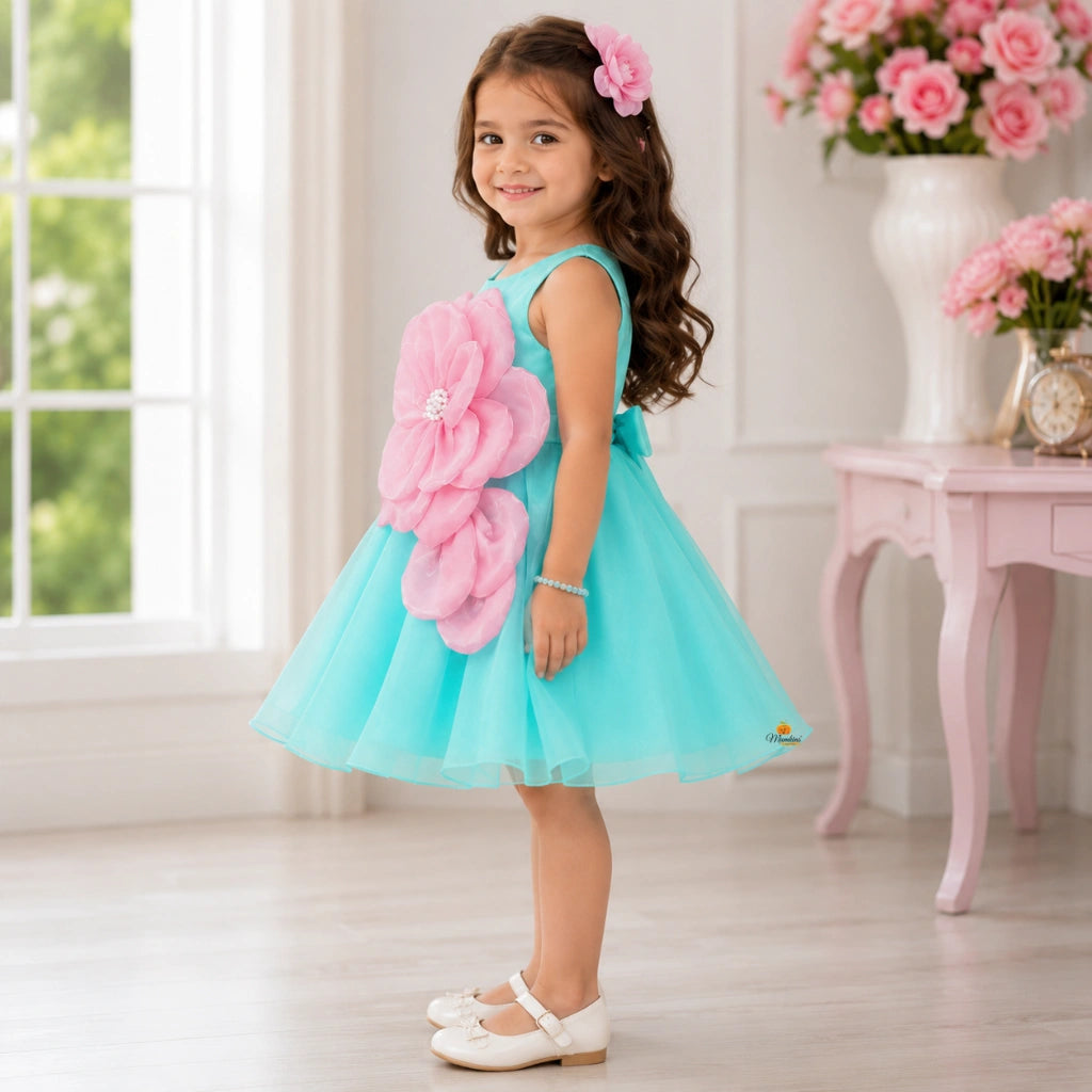 Turquoise Girls Frock with Big Pink Flower Design