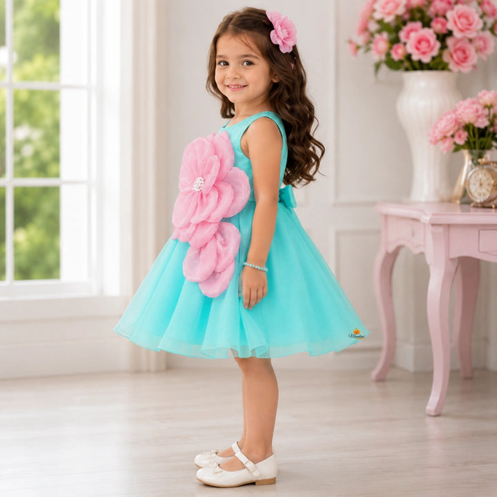 Turquoise Girls Frock with Big Pink Flower Design
