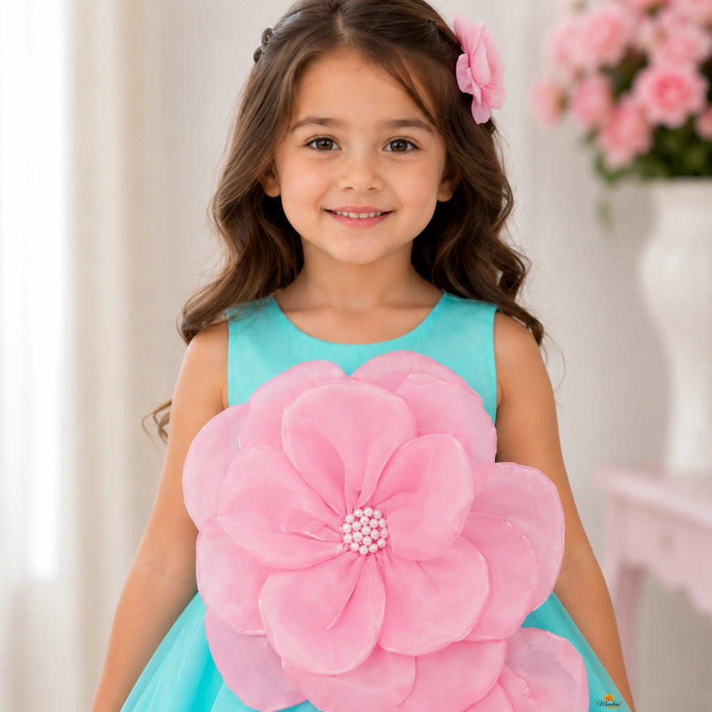 Turquoise Girls Frock with Big Pink Flower Design