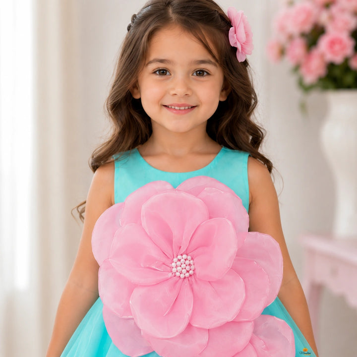 Turquoise Girls Frock with Big Pink Flower Design