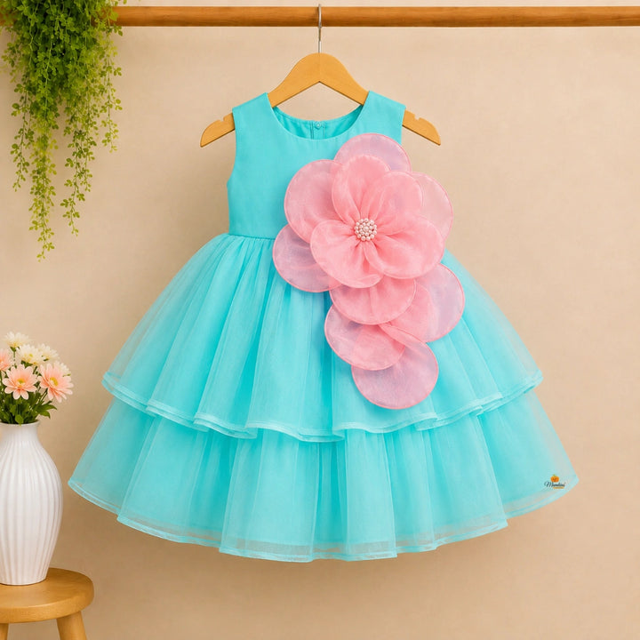 Turquoise Girls Frock with Big Pink Flower Design
