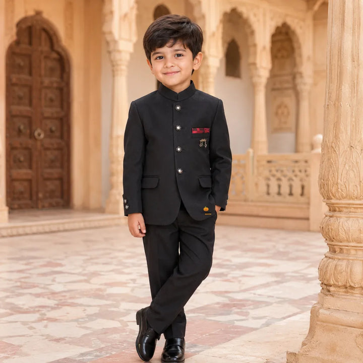 Boys Jodhpuri Bandhgala Suit in Black & Wine Colors