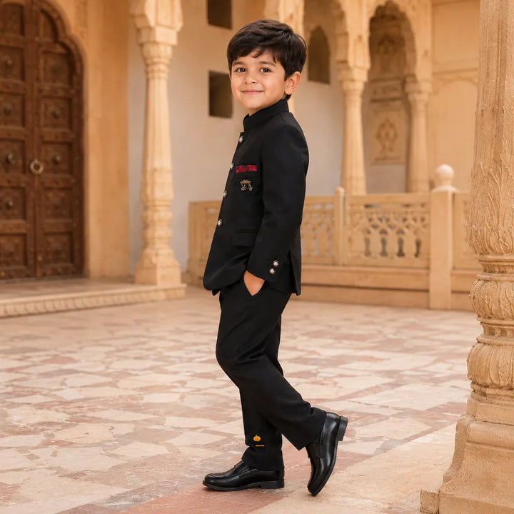 Boys Jodhpuri Bandhgala Suit in Black & Wine Colors