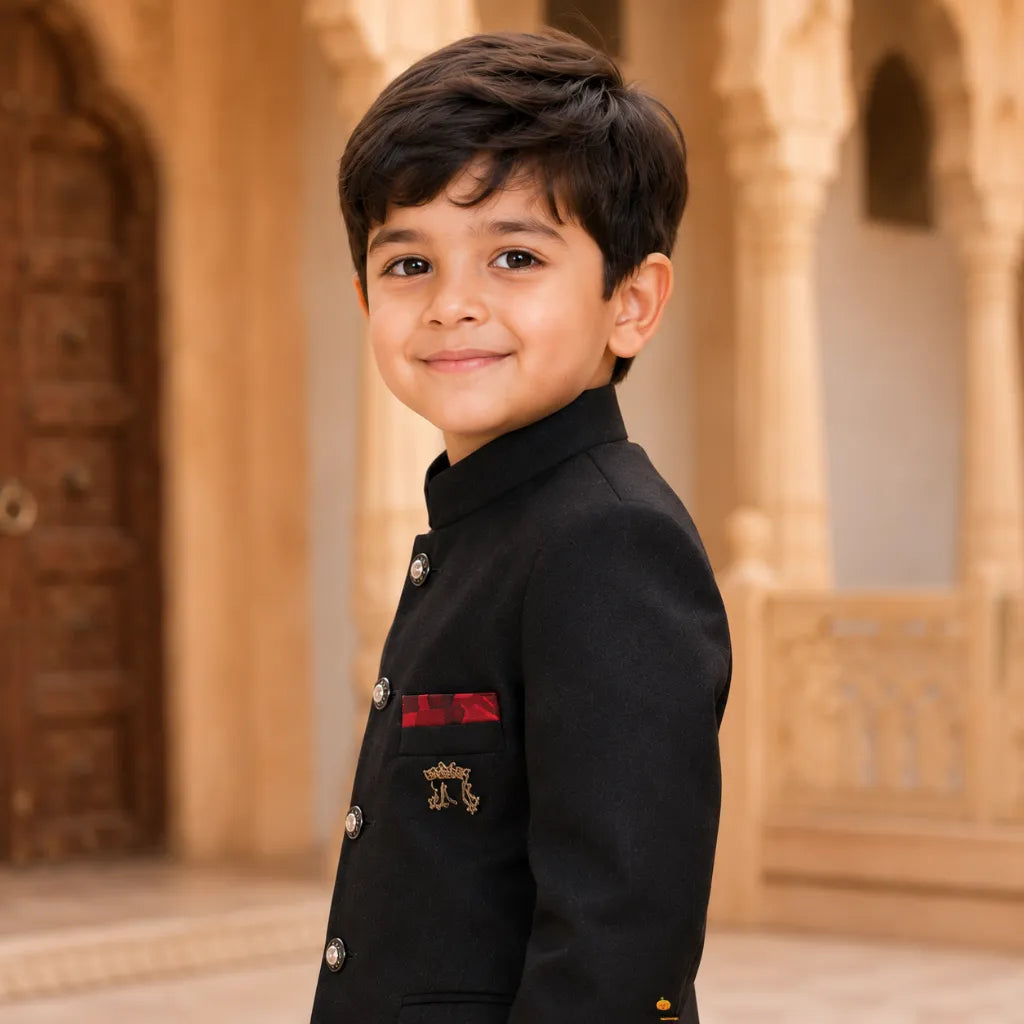 Boys Jodhpuri Bandhgala Suit in Black & Wine Colors