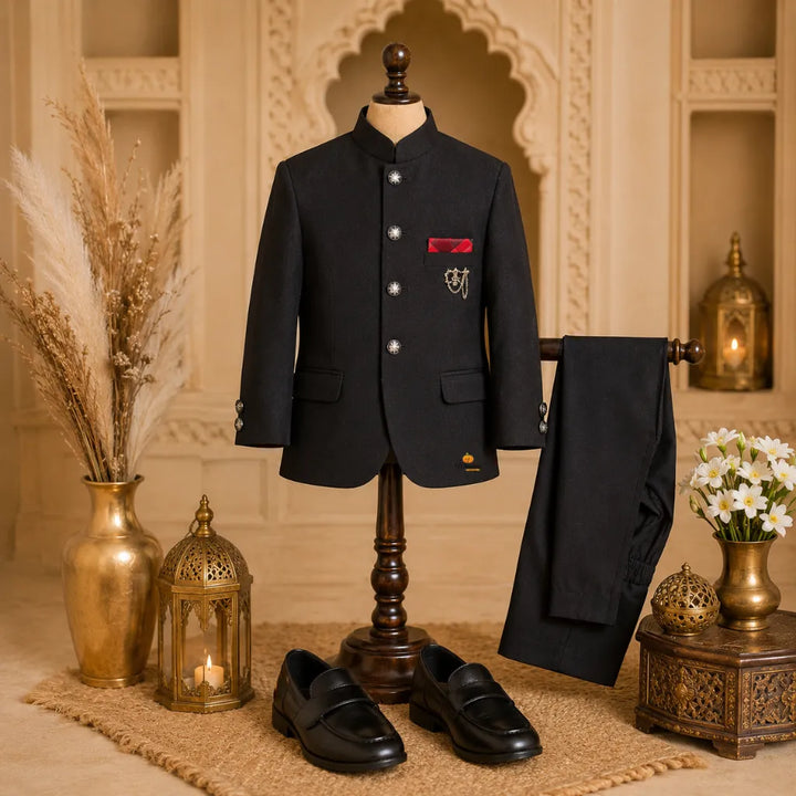 Boys Jodhpuri Bandhgala Suit in Black & Wine Colors
