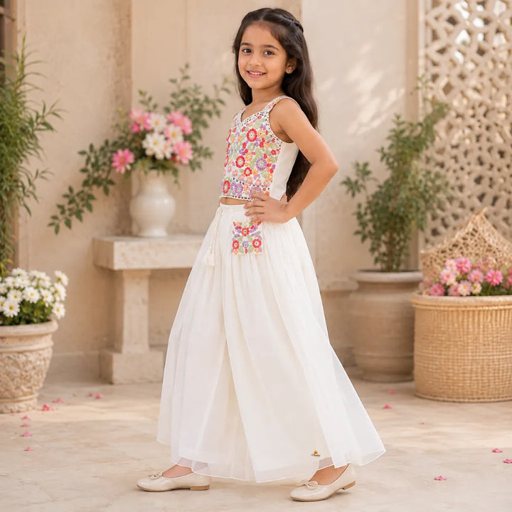 White Floral Pattern Palazzo Suit for Girls