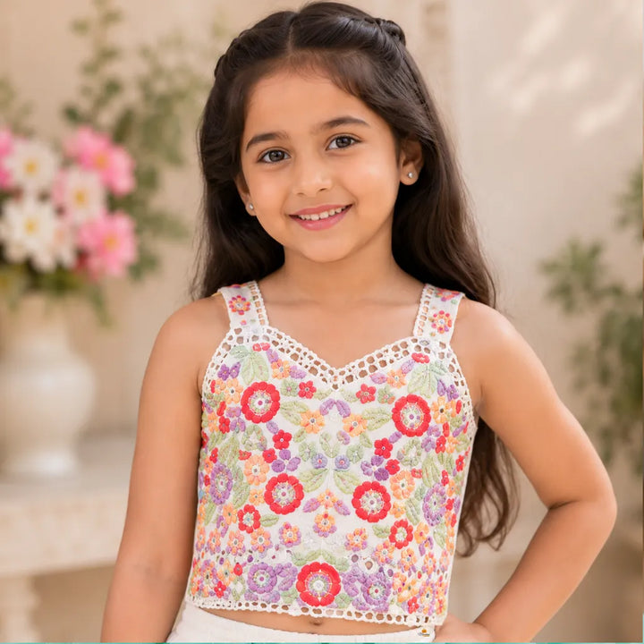 White Floral Pattern Palazzo Suit for Girls