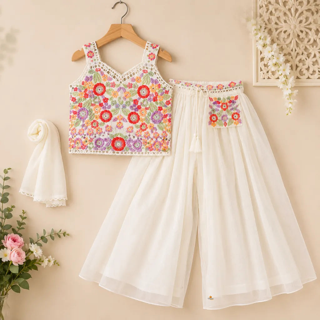 White Floral Pattern Palazzo Suit for Girls