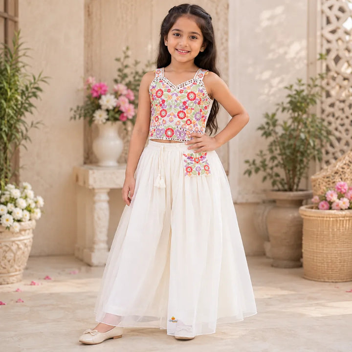 White Floral Pattern Palazzo Suit for Girls