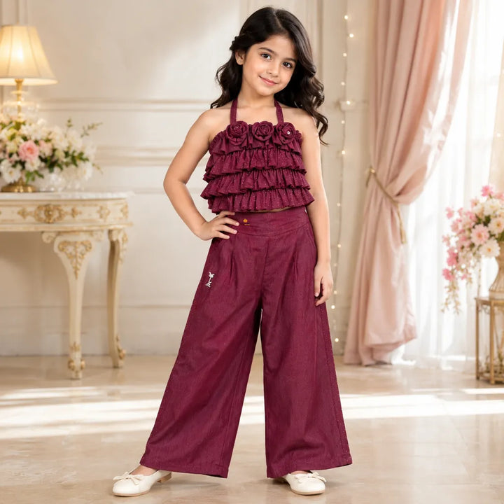 Girls Wine Ruffle Crop Top & Palazzo Co-Ord Set