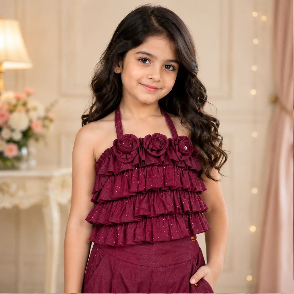 Girls Wine Ruffle Crop Top & Palazzo Co-Ord Set