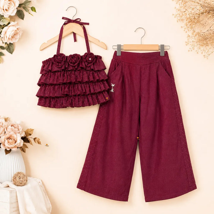 Girls Wine Ruffle Crop Top & Palazzo Co-Ord Set