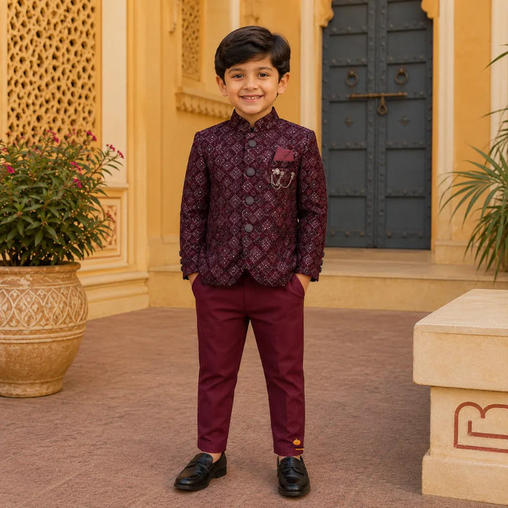 Wine Sequin Embroidered Jodhpuri Suit for Boys