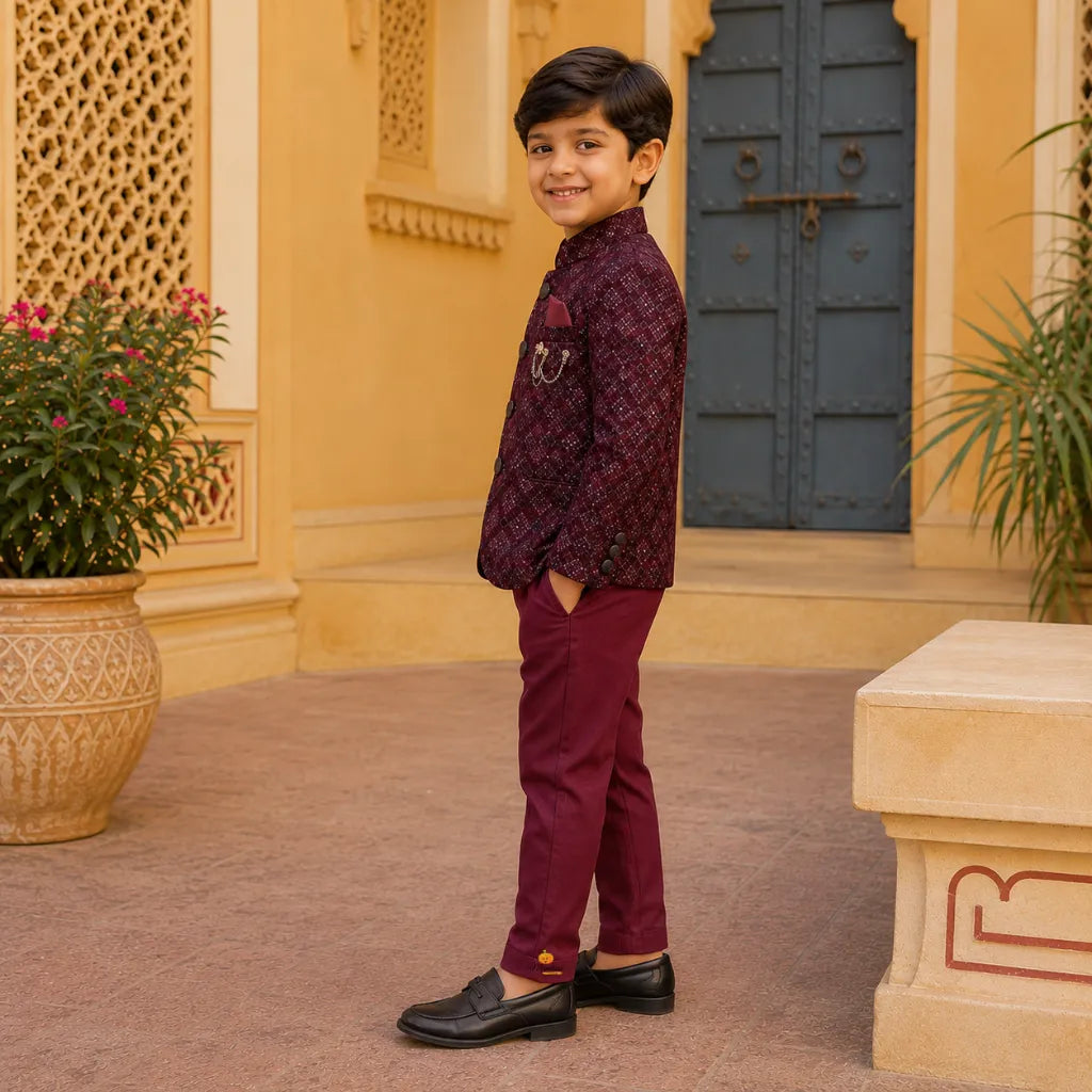 Wine Sequin Embroidered Jodhpuri Suit for Boys