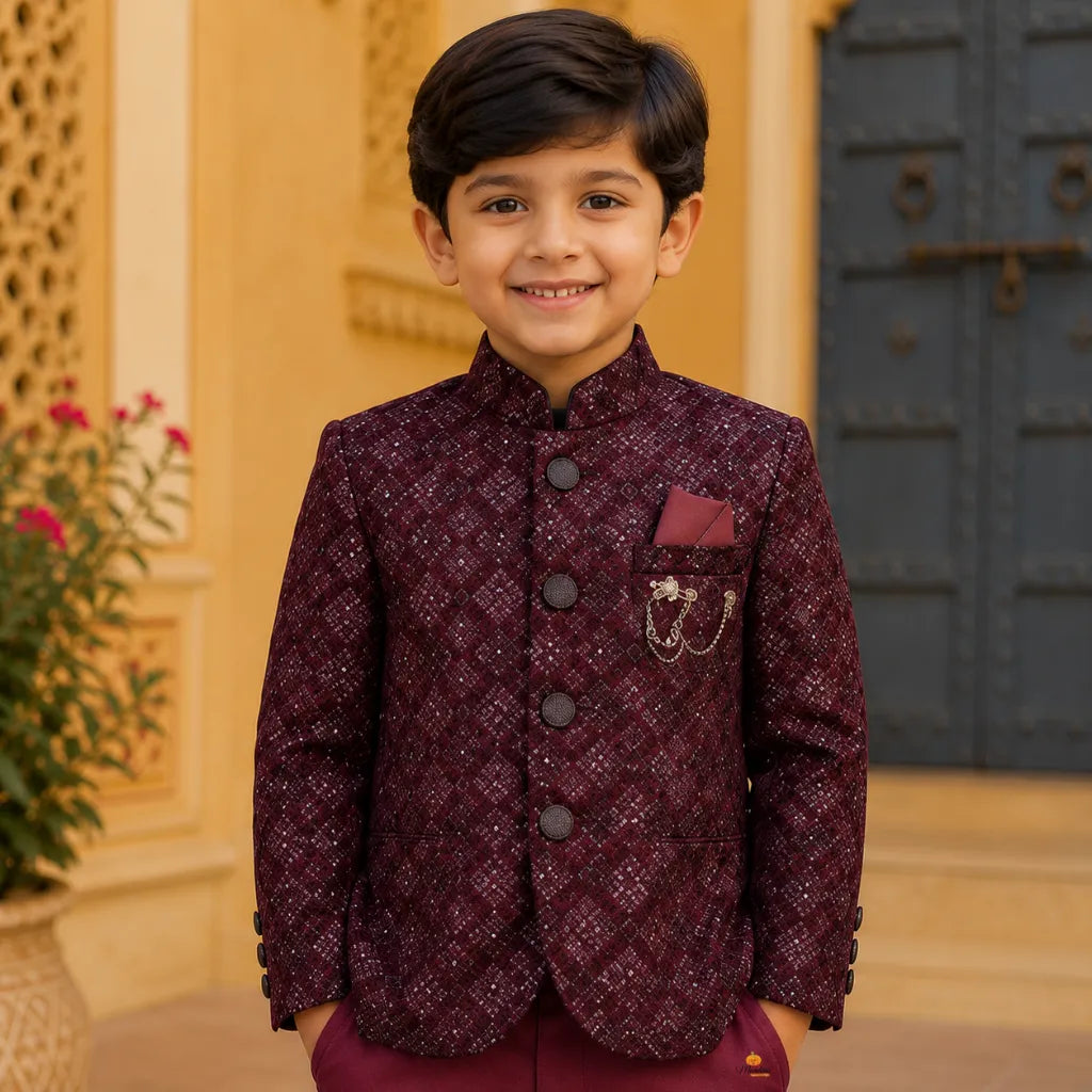 Wine Sequin Embroidered Jodhpuri Suit for Boys