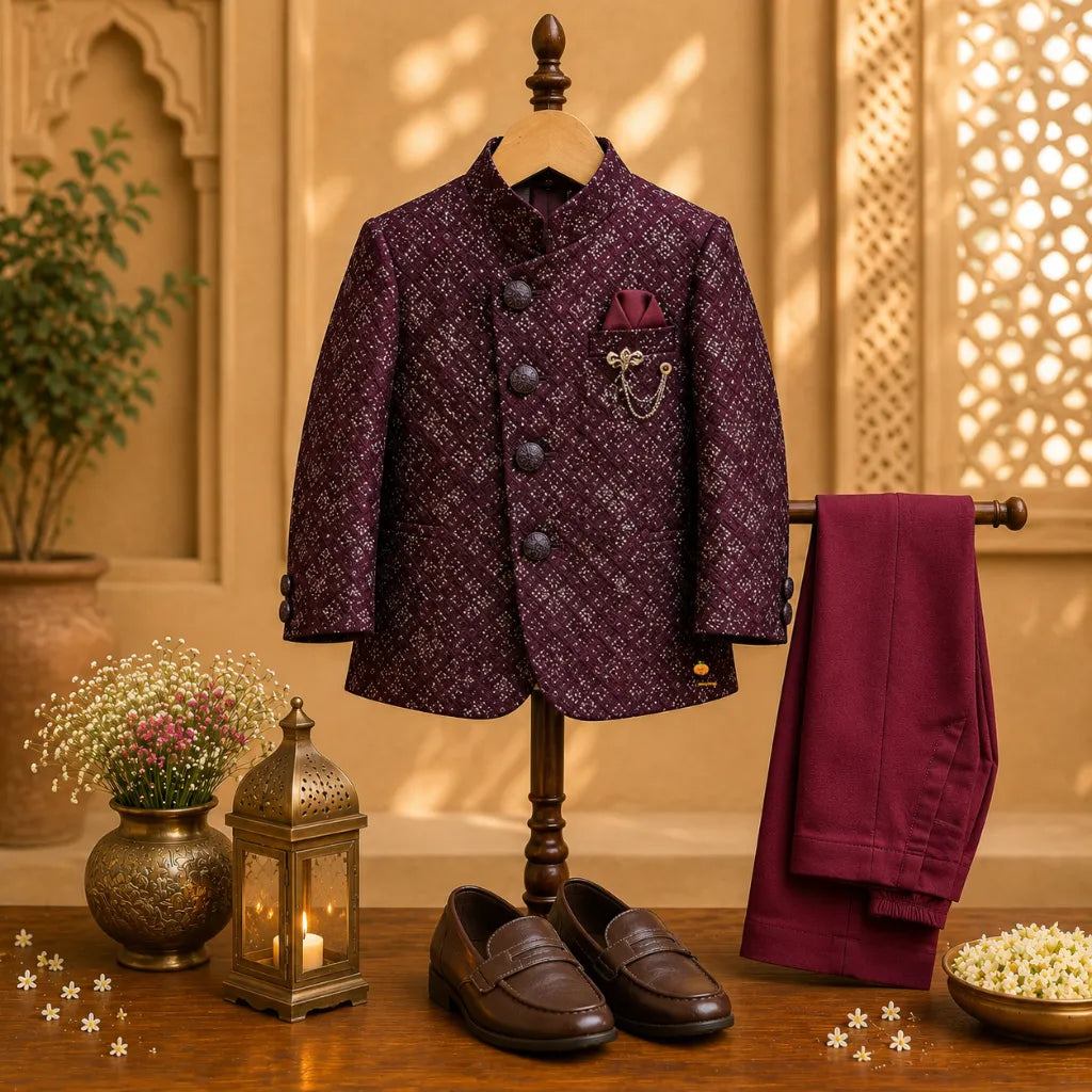 Wine Sequin Embroidered Jodhpuri Suit for Boys
