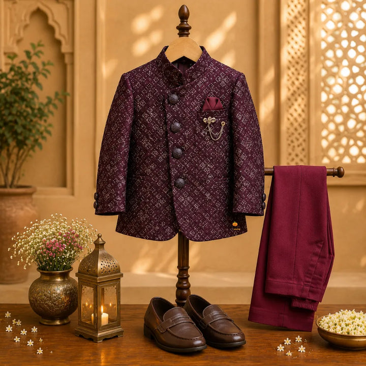 Wine Sequin Embroidered Jodhpuri Suit for Boys