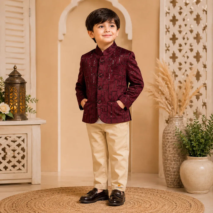 Wine Sequin Jodhpuri Suit for Boys