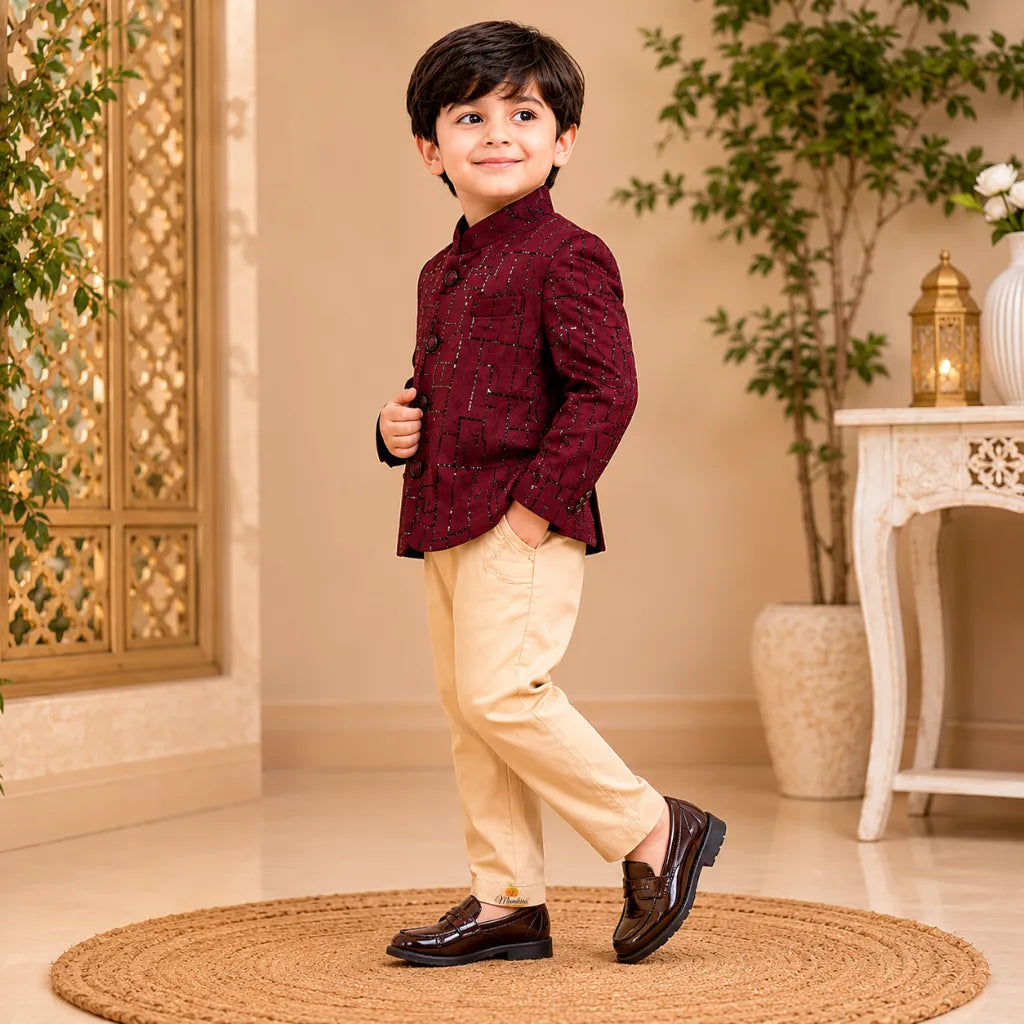 Wine Sequin Jodhpuri Suit for Boys