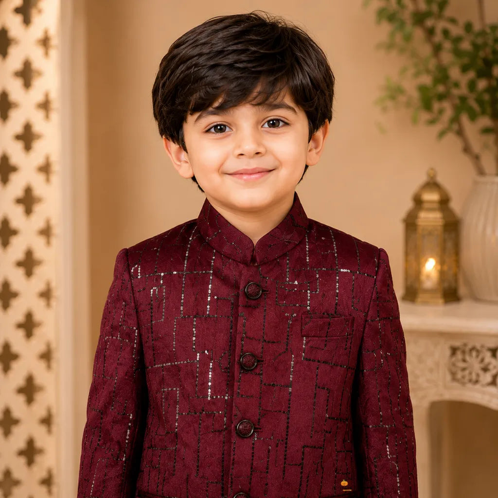Wine Sequin Jodhpuri Suit for Boys