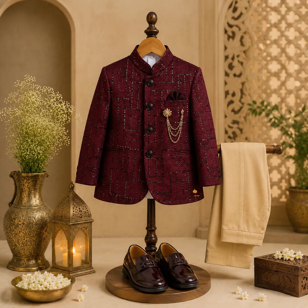 Wine Sequin Jodhpuri Suit for Boys