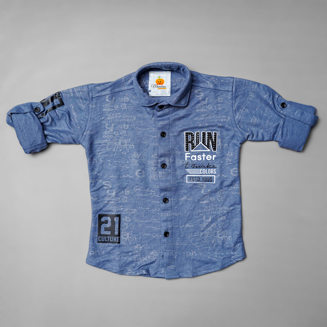 Blue Calligraphic Print Shirt for Boys Variant Front View