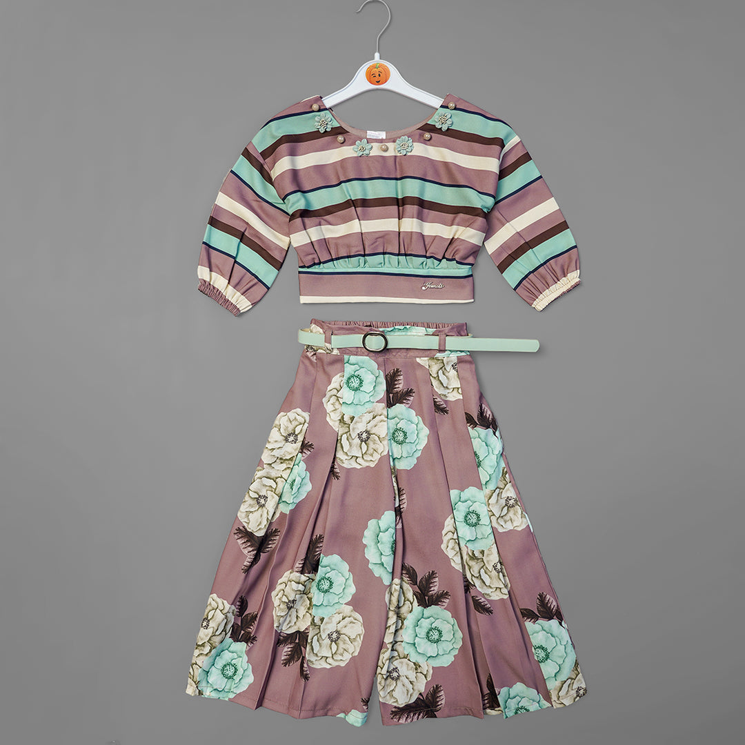 ELEGANT FLORA &  STRIP PRINTED FULL SLEEVE PLZAO WESTERN SET GS201757Brown