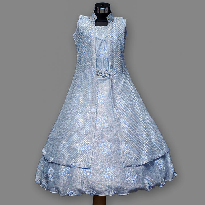 Pink & Blue Girls Gown with Shrug Front View