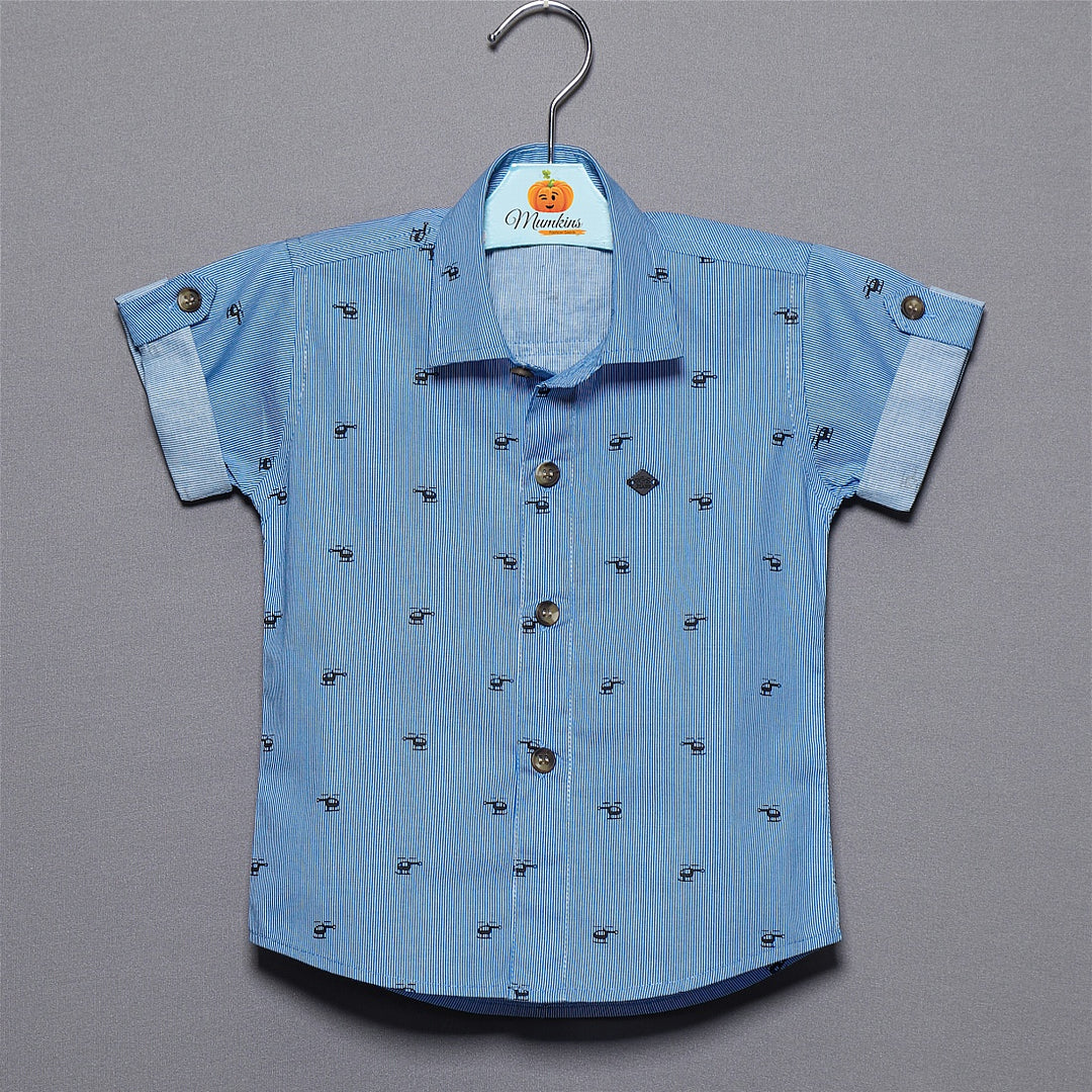 Blue Printed Half Sleeves Shirt for Boys Front View