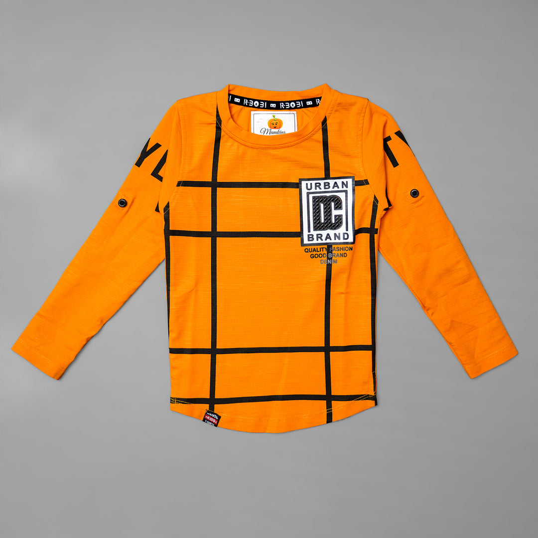 Orange Checks Full Sleeves T-shirt For Boys Front View