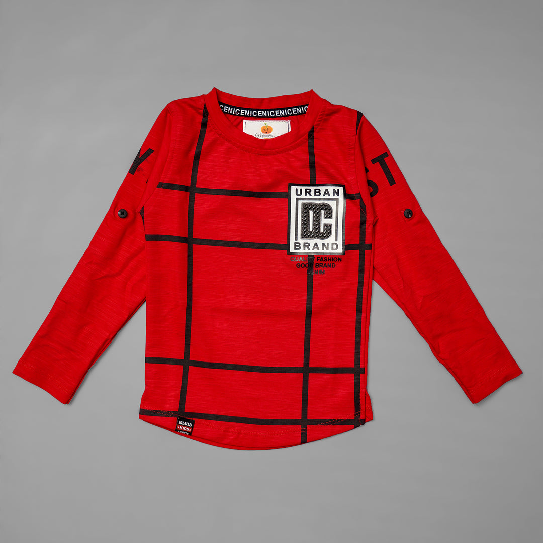 Red Checks Full Sleeves T-shirt For Boys Font View