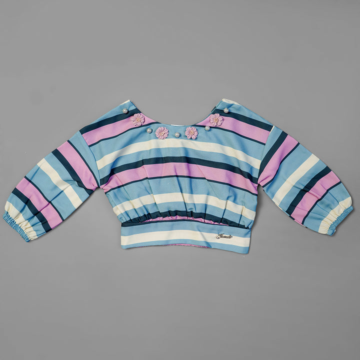 ELEGANT FLORA &  STRIP PRINTED FULL SLEEVE PLZAO WESTERN SET GS201757Blue