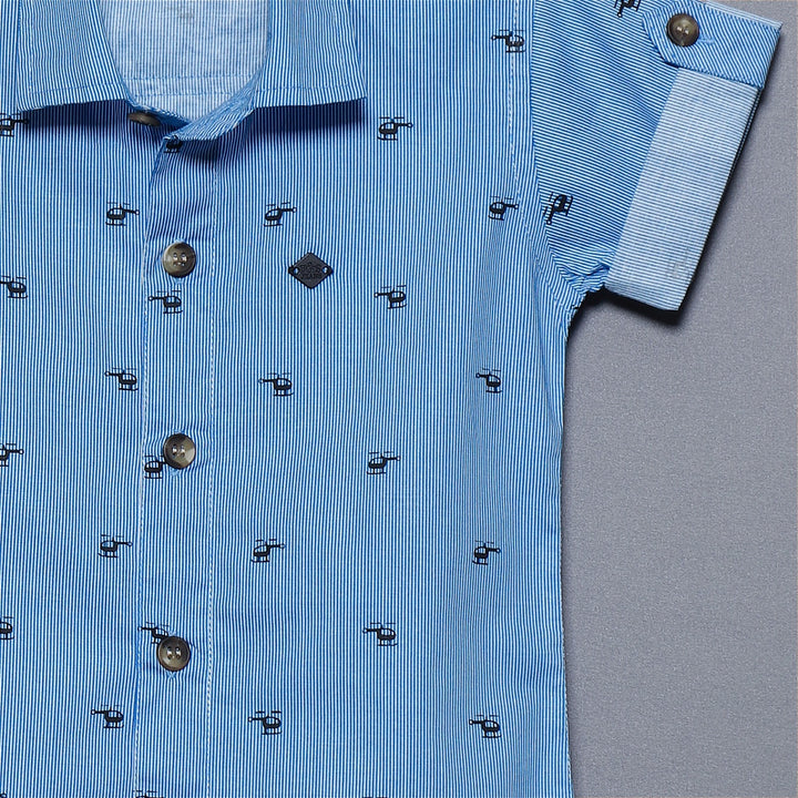 Blue Printed Half Sleeves Shirt for Boys Close Up View