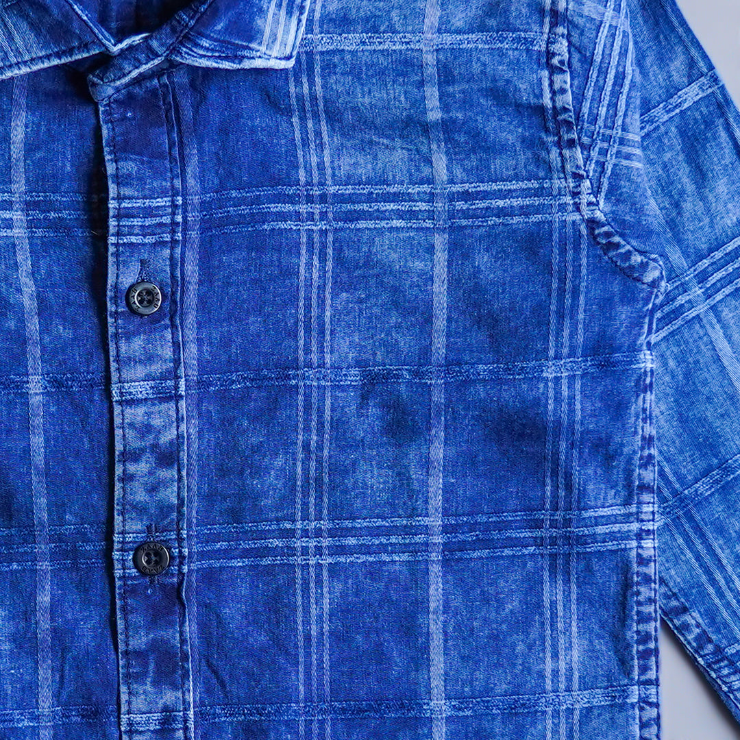 Blue Full Sleeve Checked Denim Shirt for Boys Close Up View