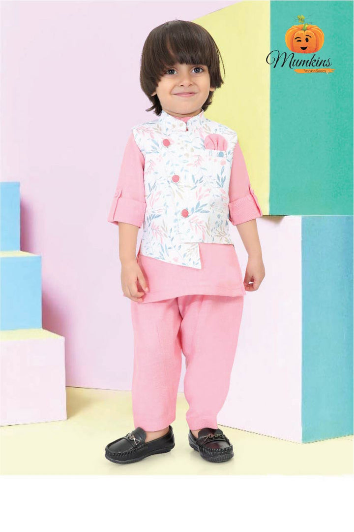 Pink Kurta Pajama for Boys with Stylish Jacket Front View